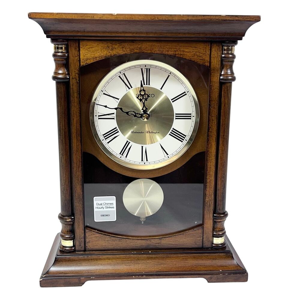 Seiko Baron Brown Wood Gold Mantel Pendulum Clock Dual Chimes QXQ034B New